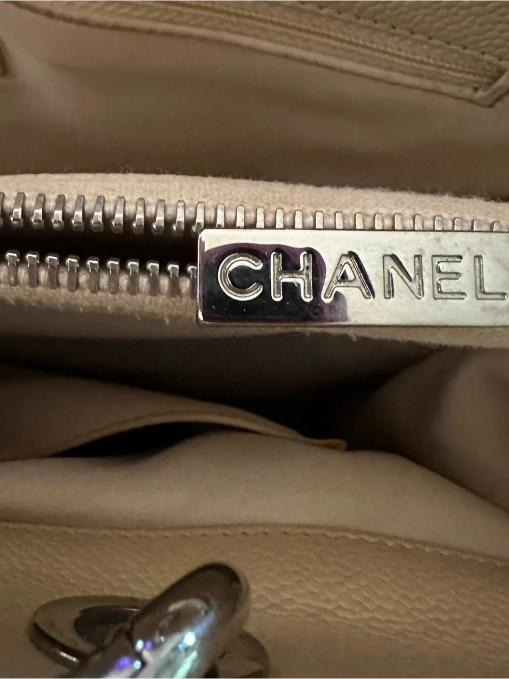 Chanel Beige Quilted Cavier Leather Grand Shopping Tote Bag with Silver hardware